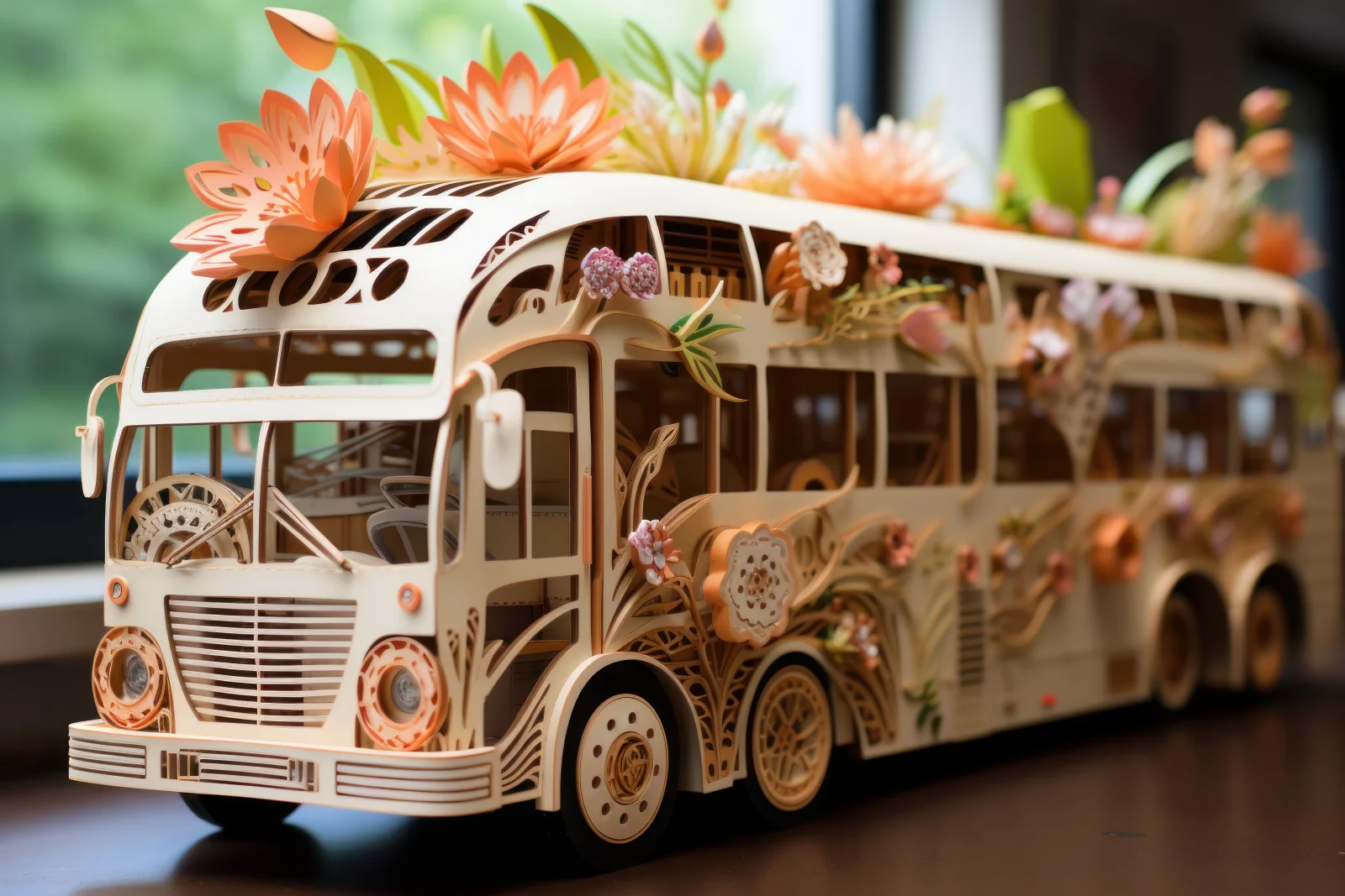 Maqueta de autobús decorada con flores de madera
