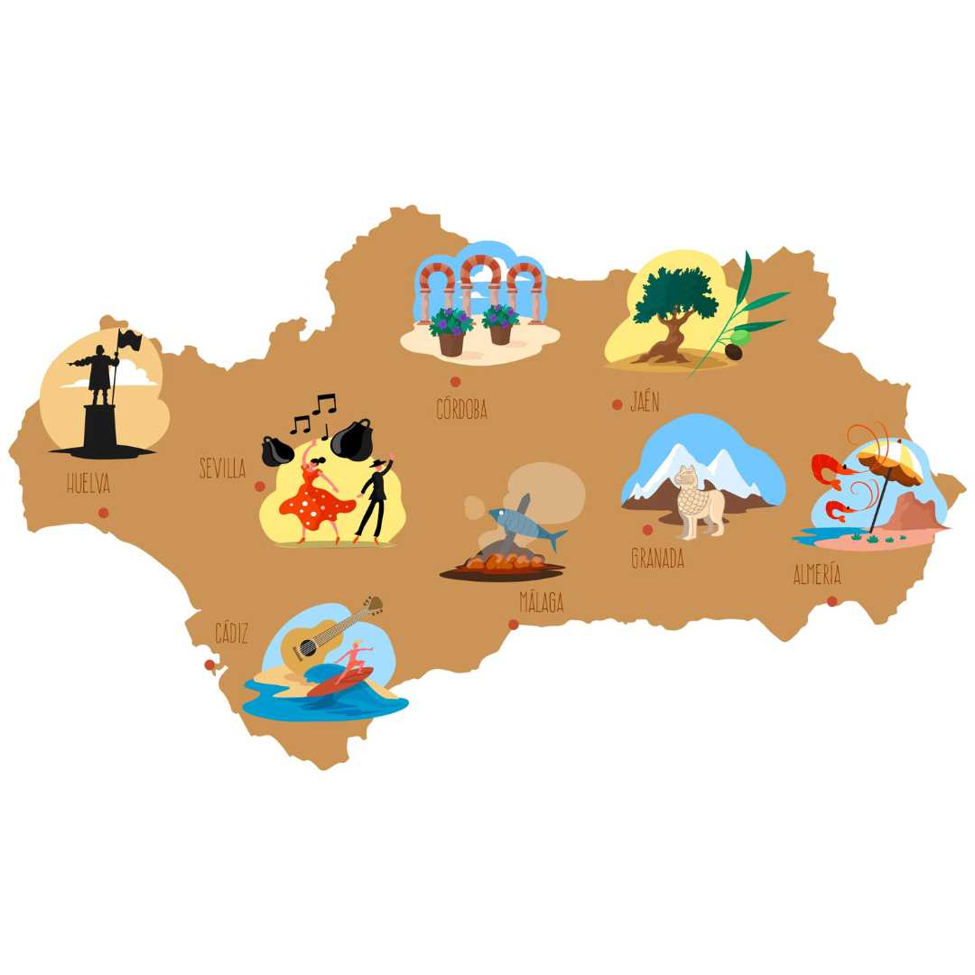 Mapa ilustrado de Andalucía con iconos culturales